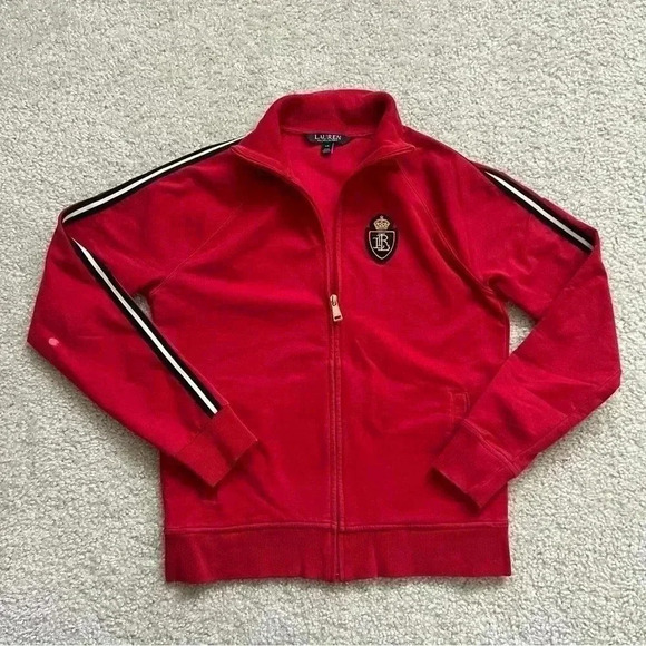 LAUREN RALPH LAUREN CROWN CREST Pinstripe Zip Tracksuit Jacket Red Women’s Sz XS - Picture 1 of 16